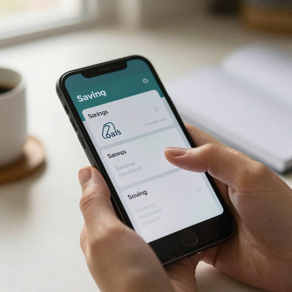 A hand uses a budgeting app on a smartphone to allocate funds into different savings goals, set on a softly lit kitchen