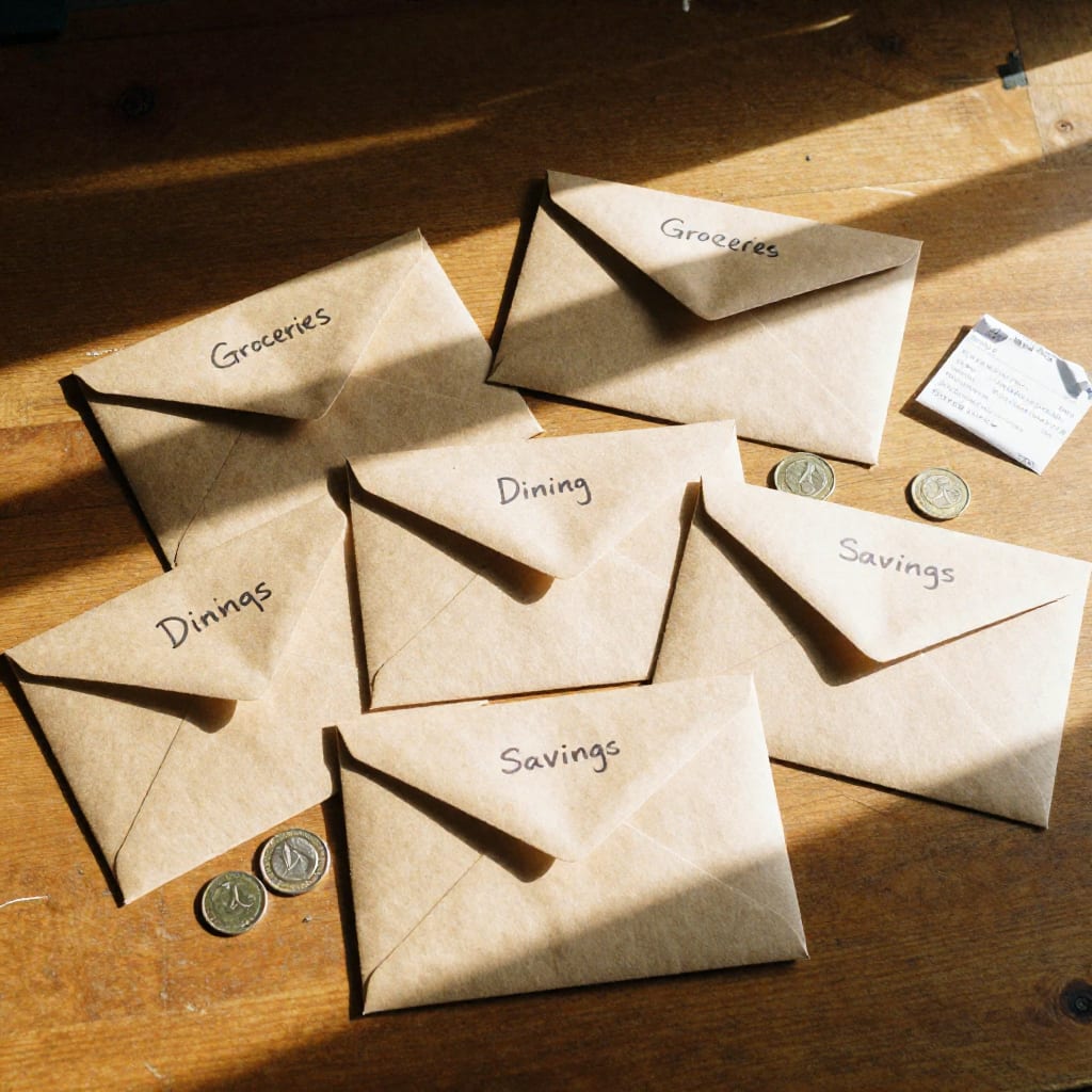 Flat-lay of labeled cash budget envelopes with receipts and coins on a wooden desk surface