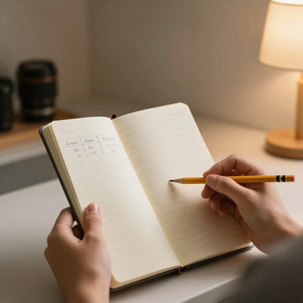 Over-the-shoulder view of hands writing budget notes in a lined notebook on a kitchen counter
