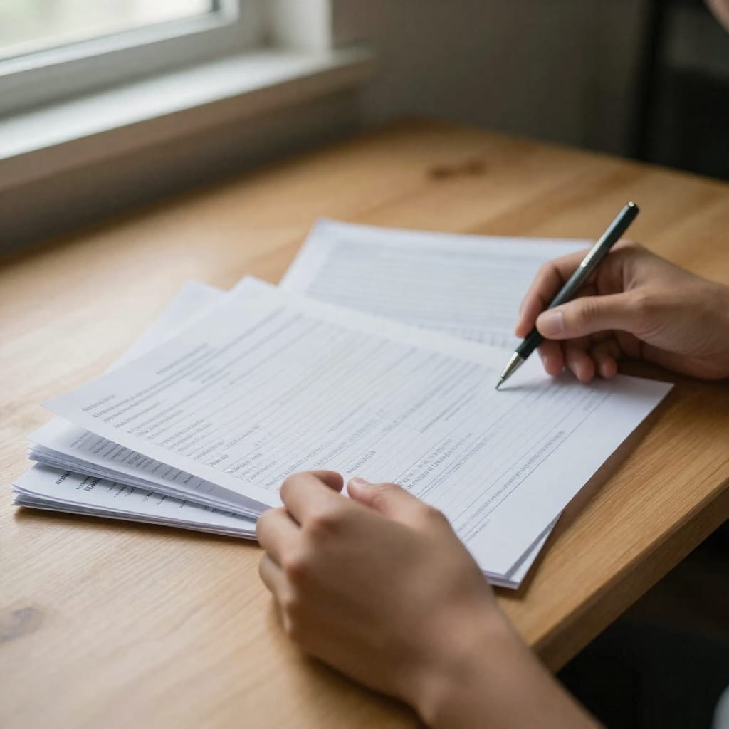 Close-up of hands sorting through bank statements and receipts on a desk as part of a personal finance audit