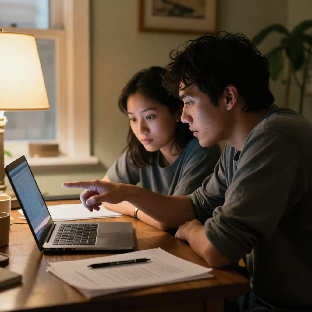 Couple sitting together at a dining table reviewing financial documents on a laptop in warm evening home light