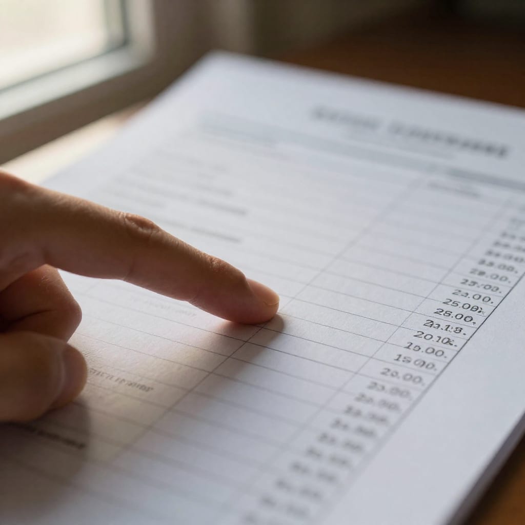 Close-up of a finger pointing to a specific row in a printed mutual fund fee table