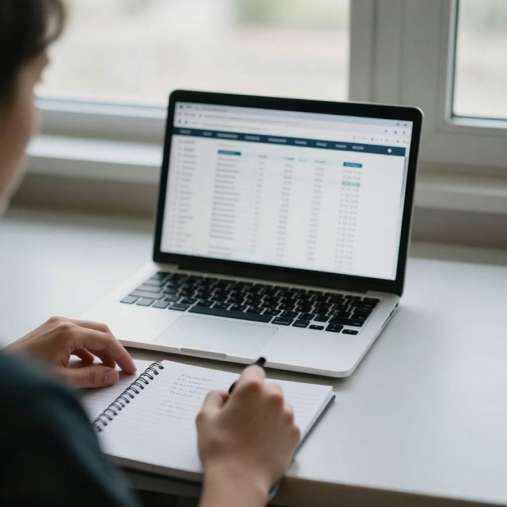 Person at laptop comparing mutual fund fee options with handwritten notes beside them