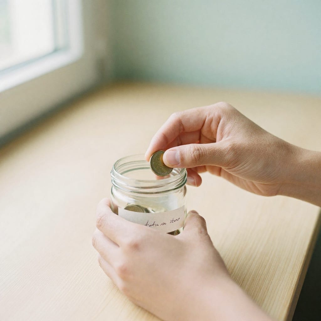 Hands placing a coin into a glass savings jar on a wooden surface in soft natural light