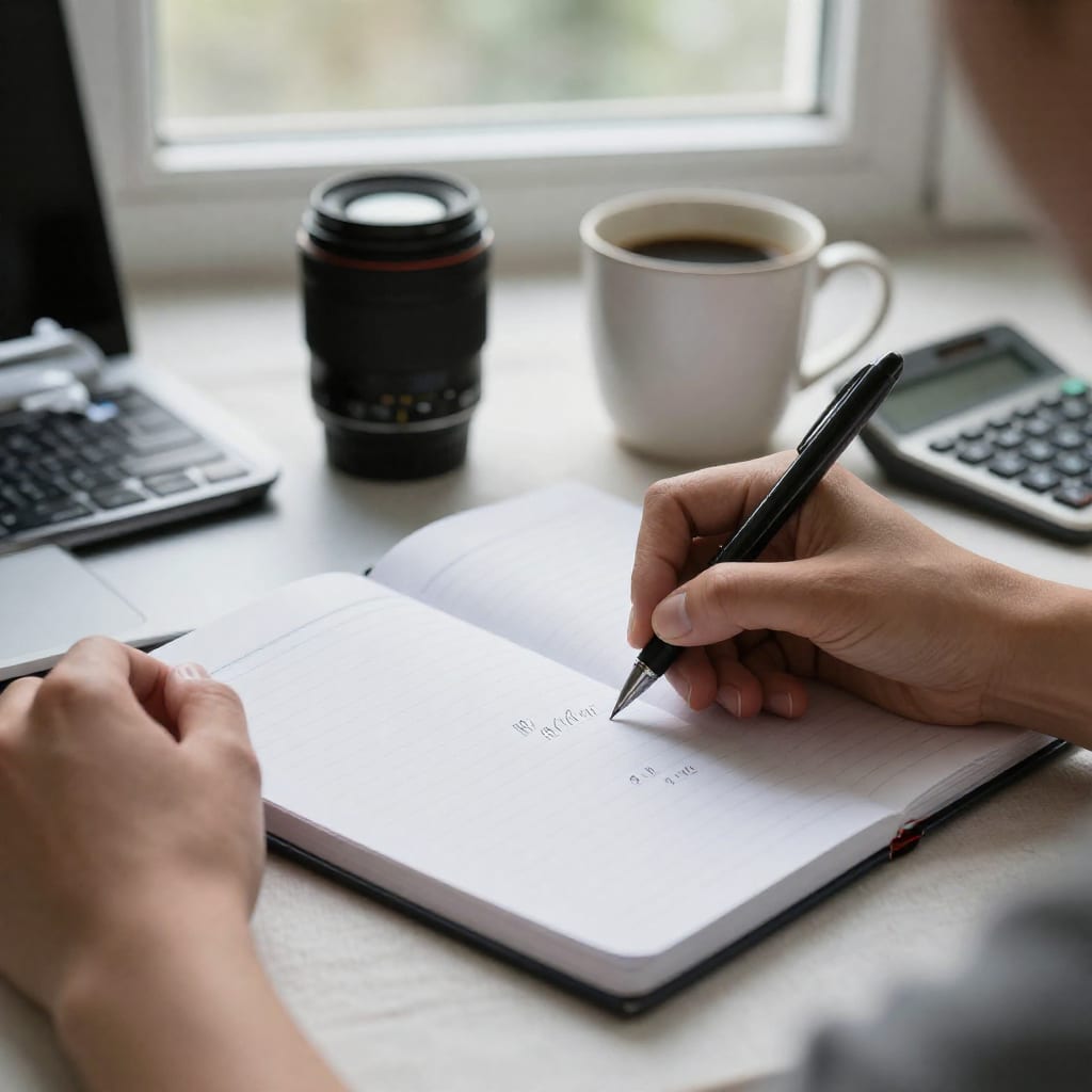 Close-up of a hand writing savings figures in a financial planning notebook beside a coffee cup