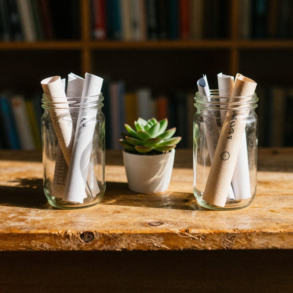 Two glass savings jars on a wooden shelf in warm afternoon light, representing dual college and retirement savings goals