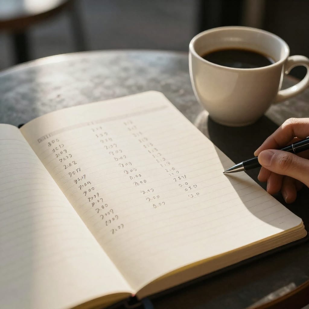 Open notebook with handwritten fund comparison notes next to a coffee cup on a café table