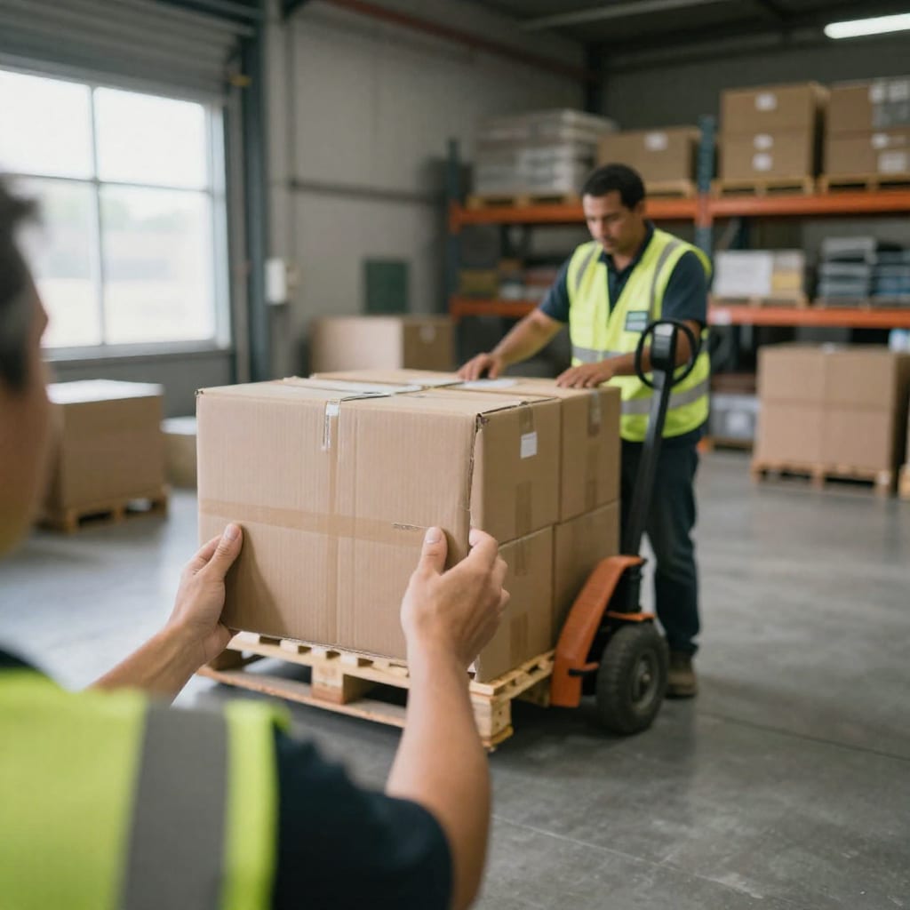 Fulfillment center worker scanning pallets inside a busy industrial warehouse with high racking visible in the background