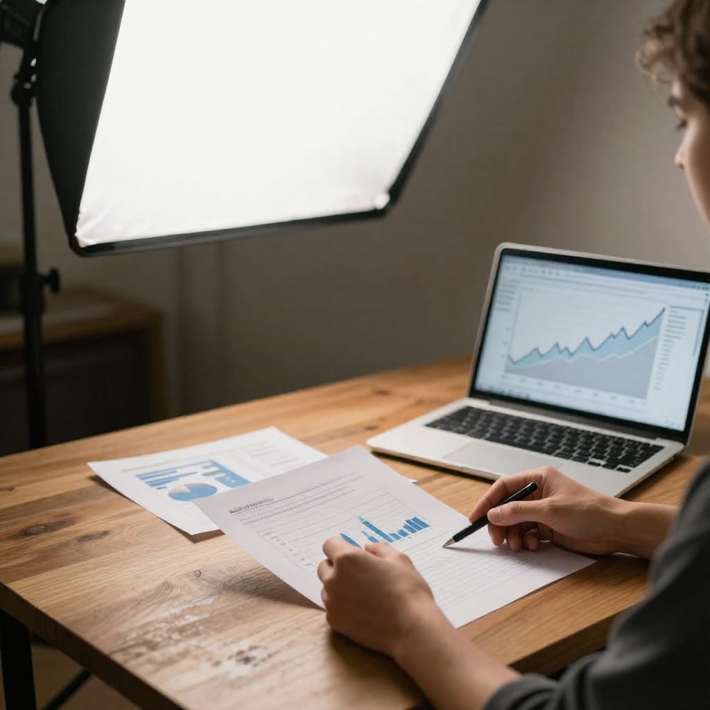 Investor reviewing financial charts and a laptop screen at a quiet wooden desk in a home office setting