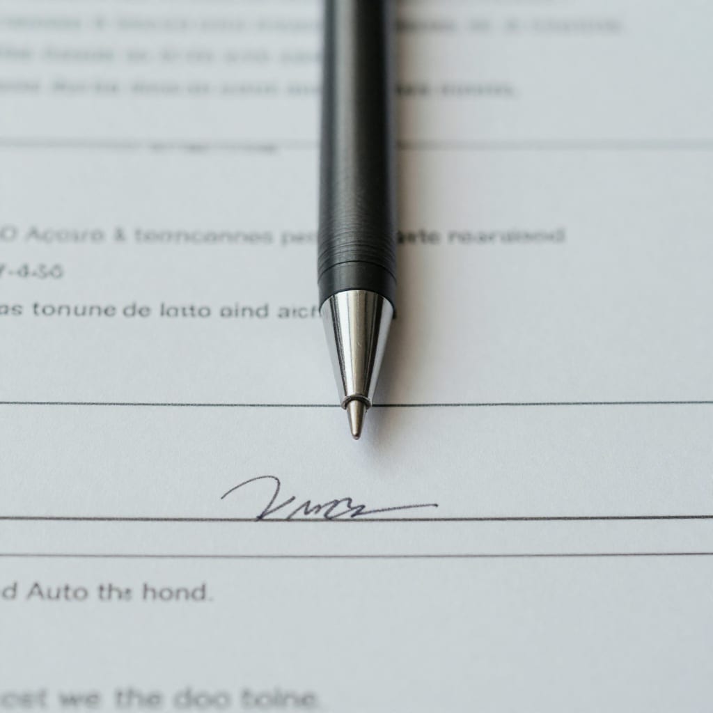 A pen positioned on an auto loan application document ready to be signed