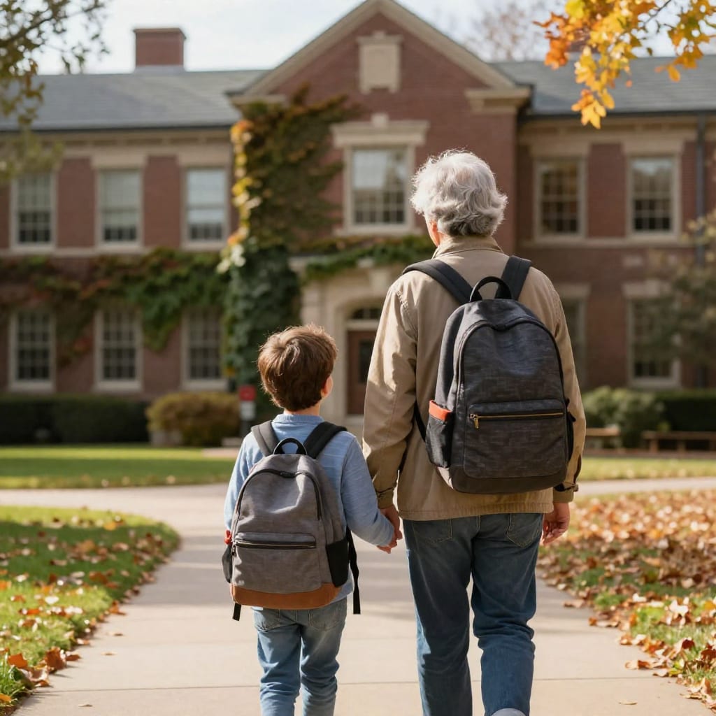 Grandparent and grandchild walking on college campus for 529 plan estate planning benefits