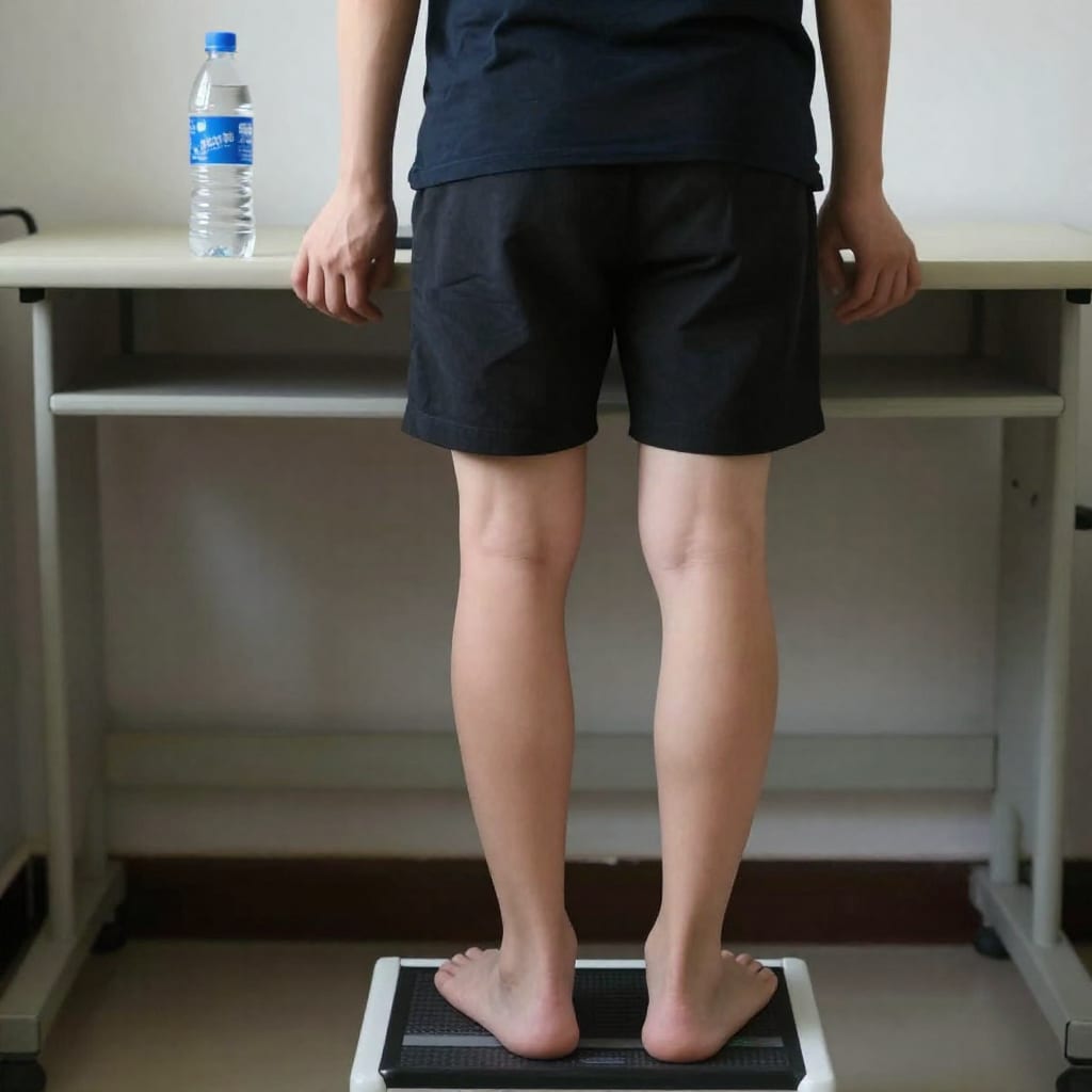 Standing desk setup with water bottle across the room and step stool