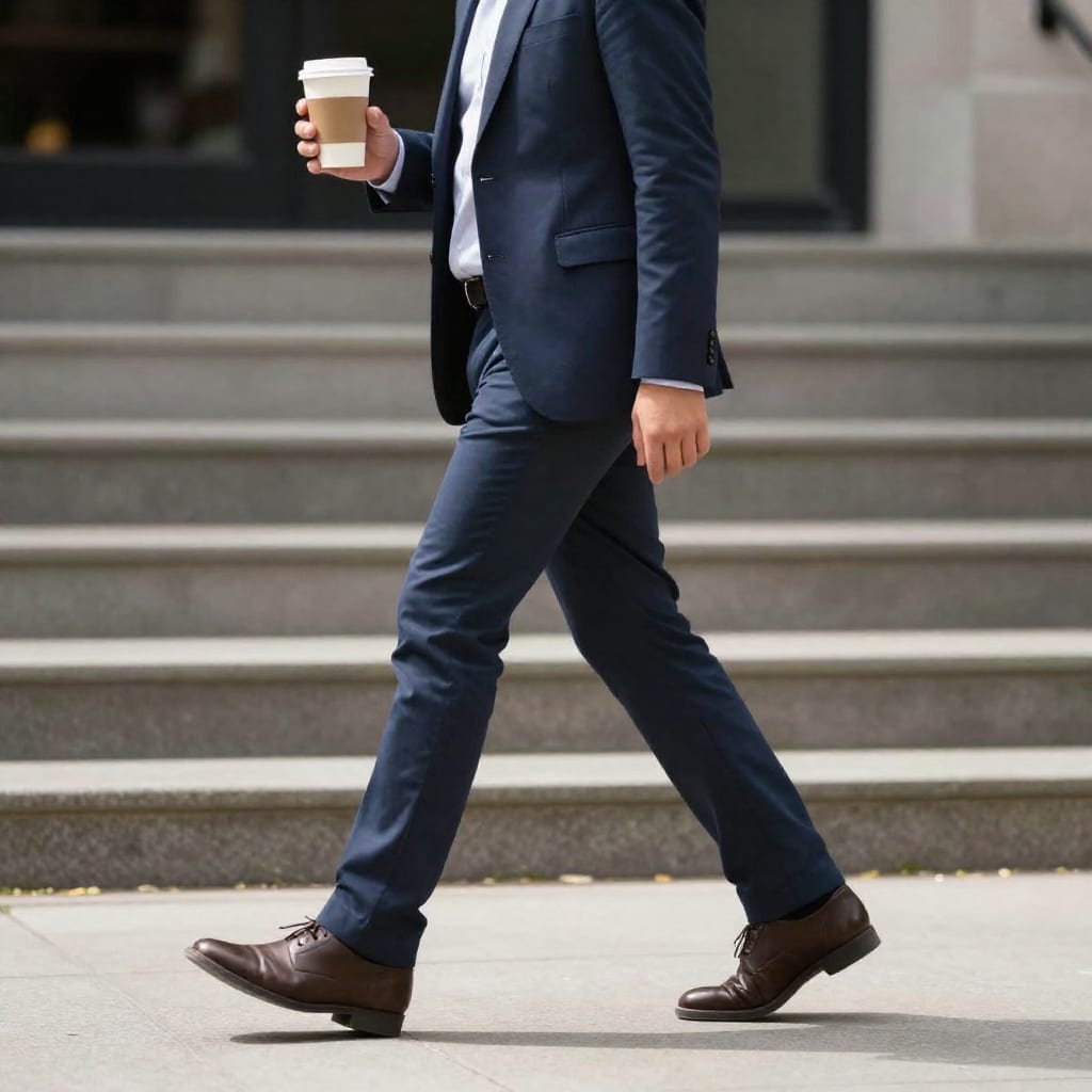 Office worker walking during lunch break on city sidewalk with coffee