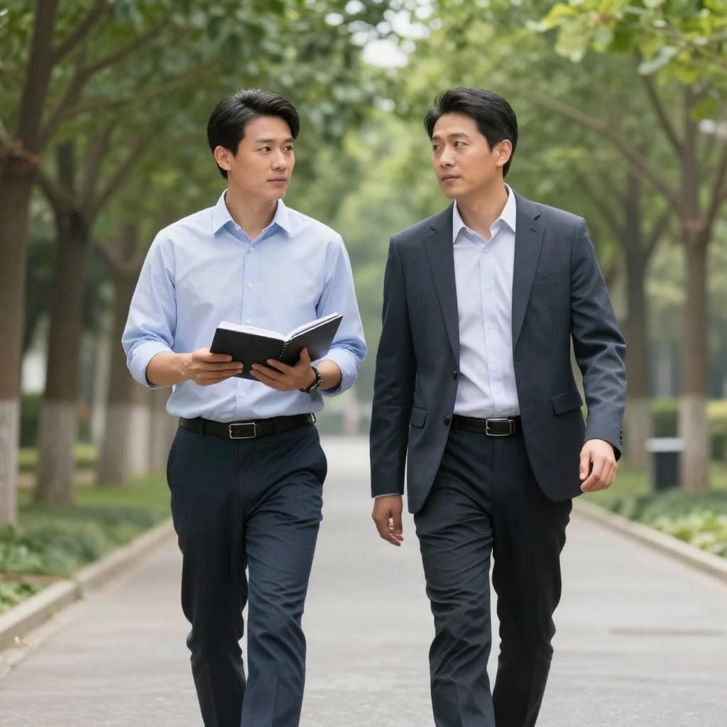 Two colleagues having a walking meeting on a tree-lined path