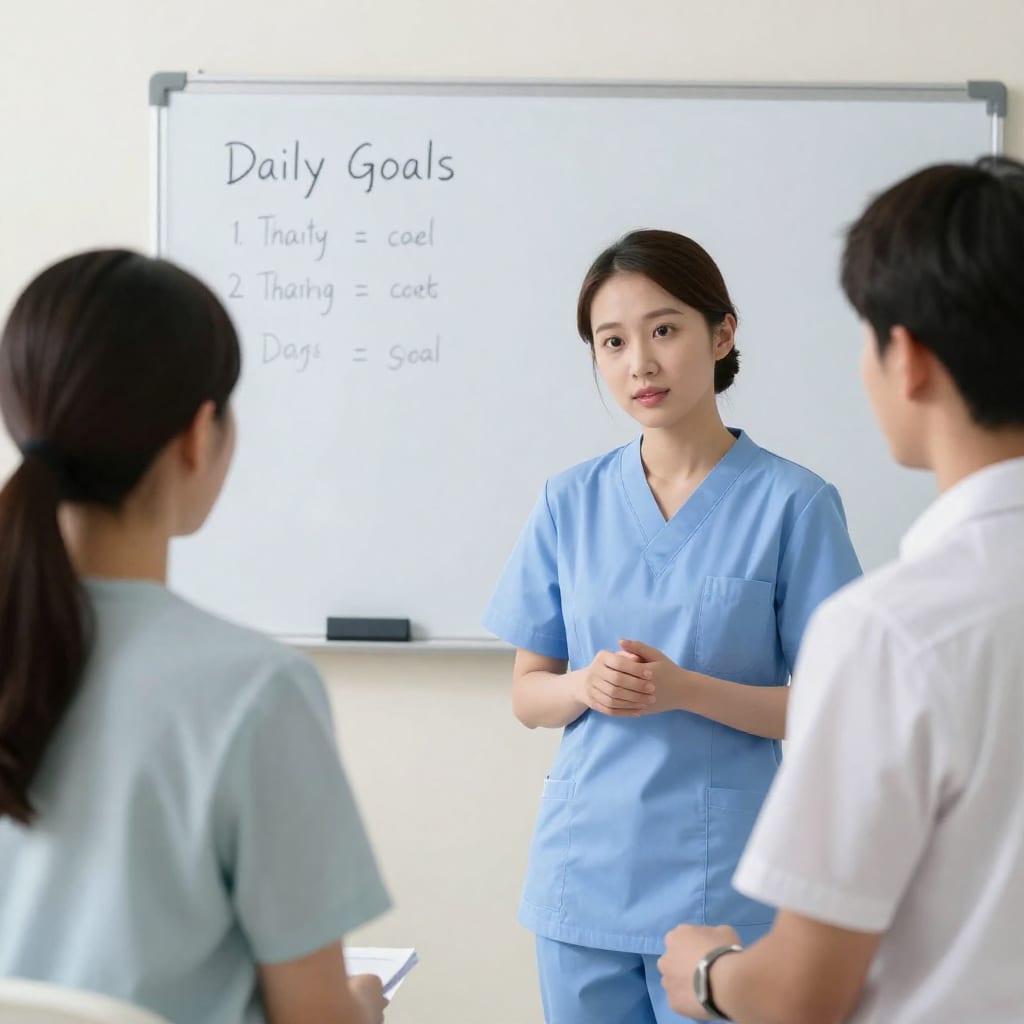 Nurse and patient conversing in hospital room with whiteboard listing daily goals
