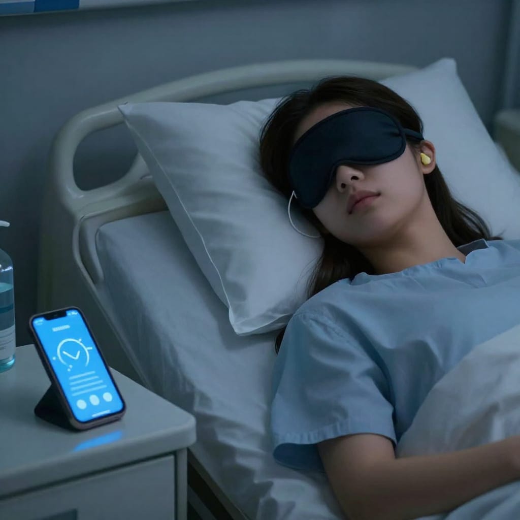 Peaceful hospital room at night with patient wearing eye mask and earplugs, phone playing white noise