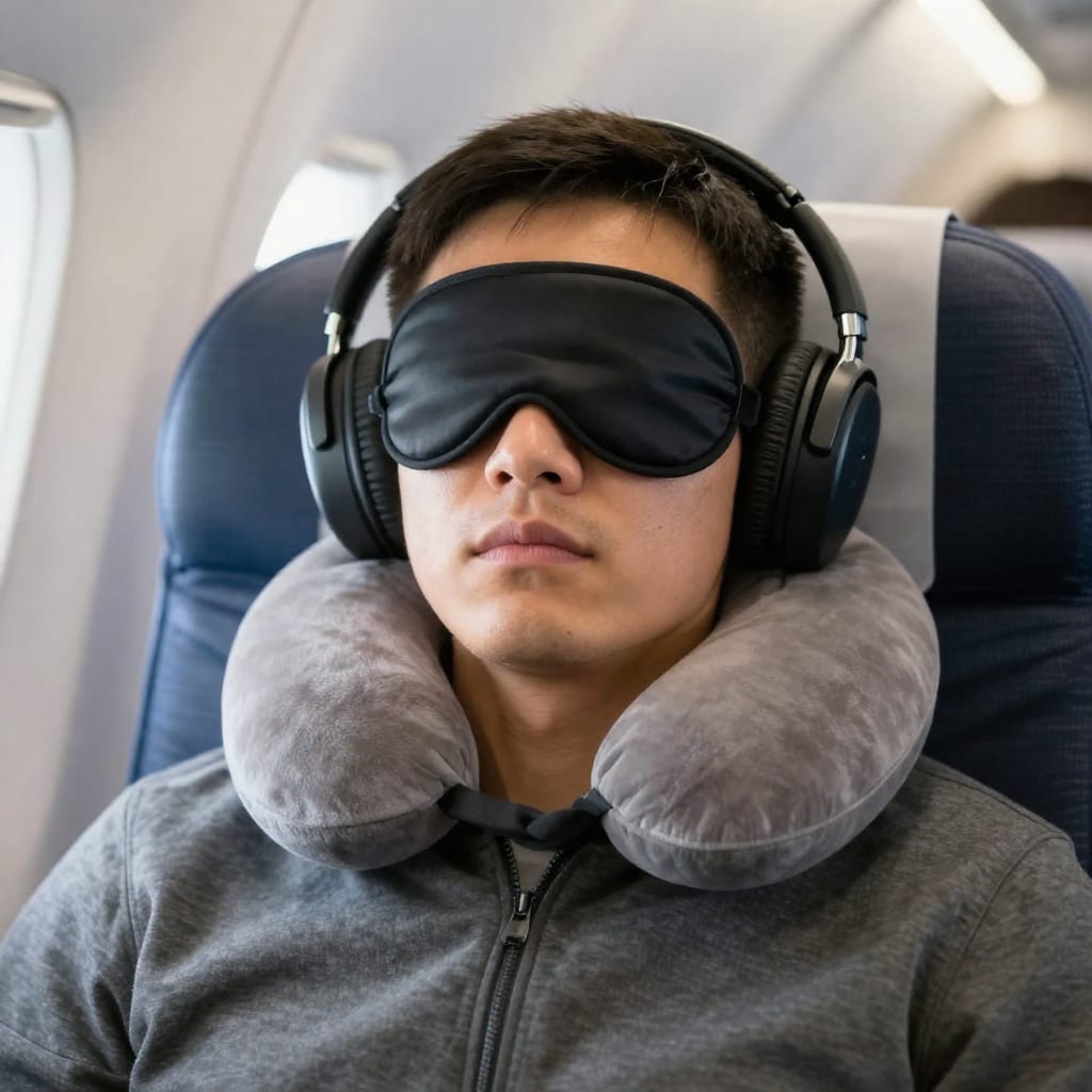 Traveler sleeping with neck pillow and eye mask on airplane