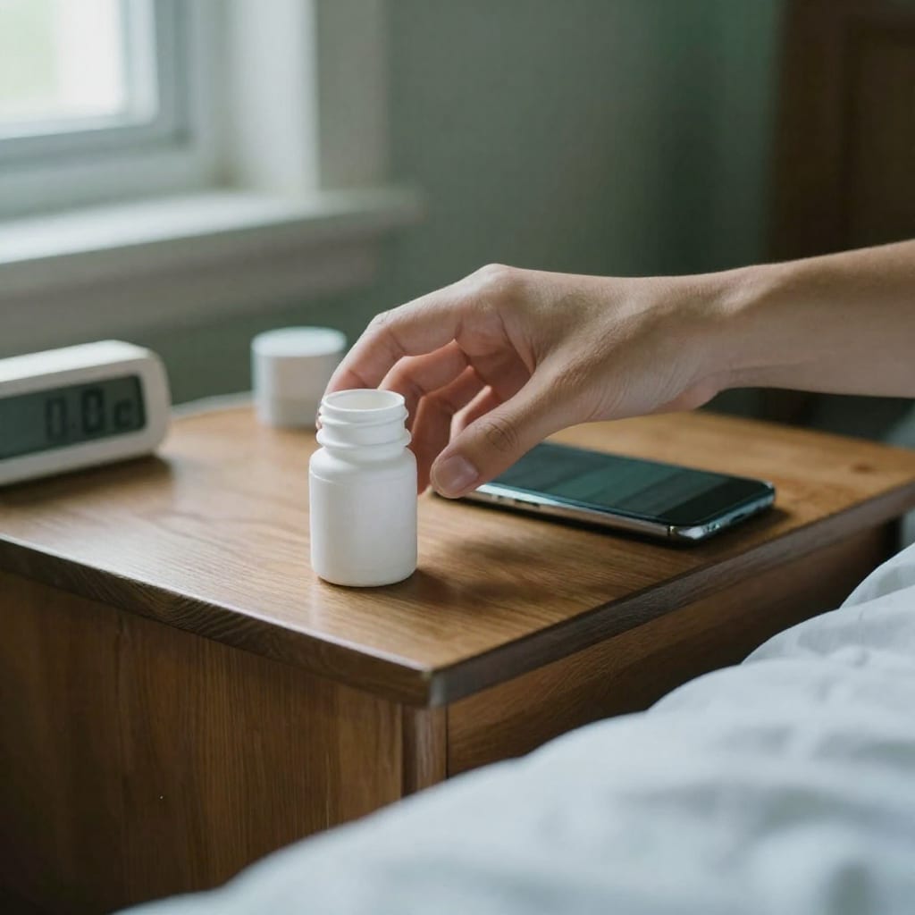 A woman's hand reaches for a white pill bottle next to a smartphone displaying an alarm clock on a morning nightstand.