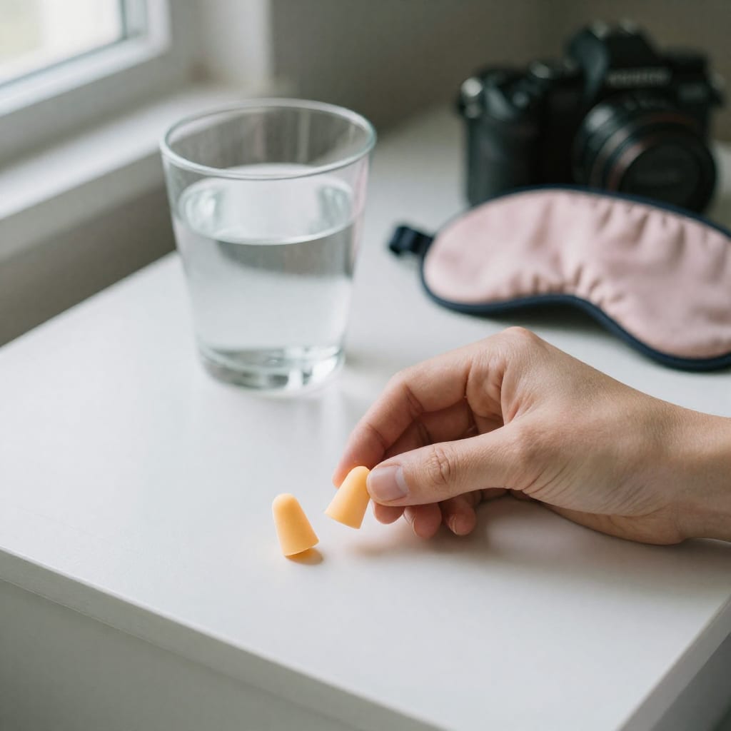 A close-up photograph of a hand placing earplugs on a bedside table next to a glass of water and a sleep mask in soft morning light.