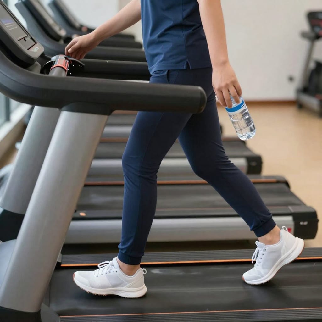 Person walking on an inclined treadmill, holding water bottle, casual activewear