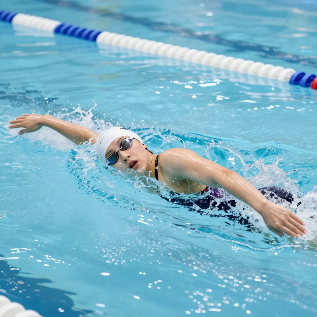 Swimmer doing freestyle in a lap pool, arms extended, water splashing