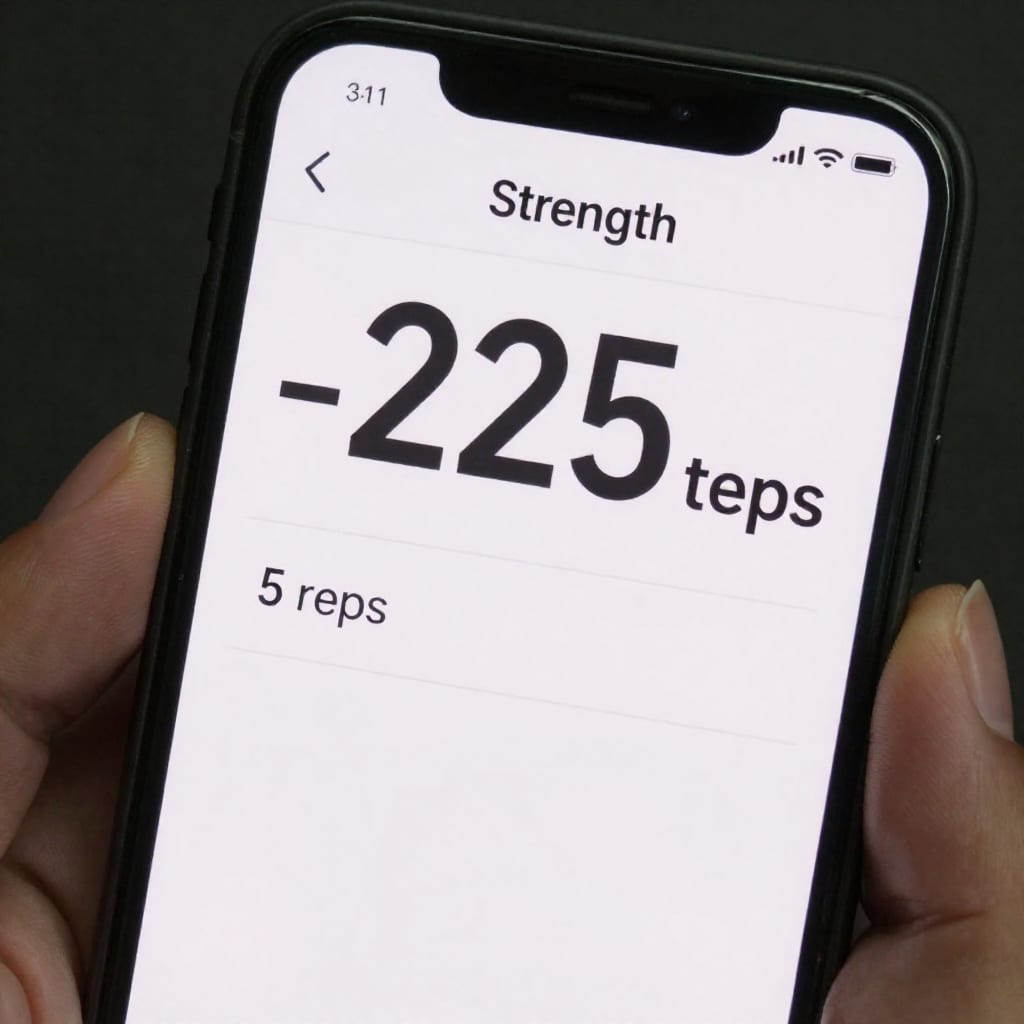 Smartphone showing strength tracking app with logged top set data