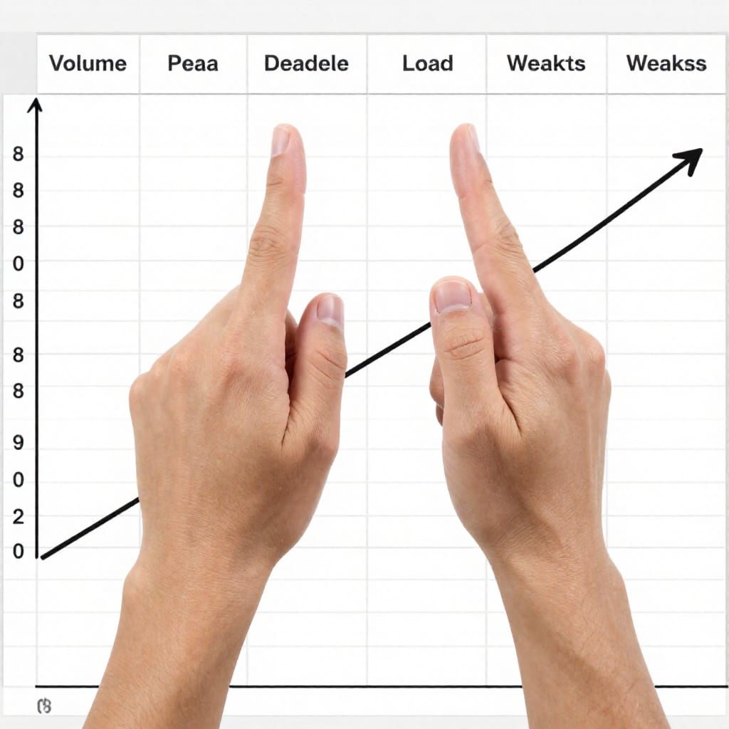 Spreadsheet with volume load calculations and upward trend graph for strength tracking