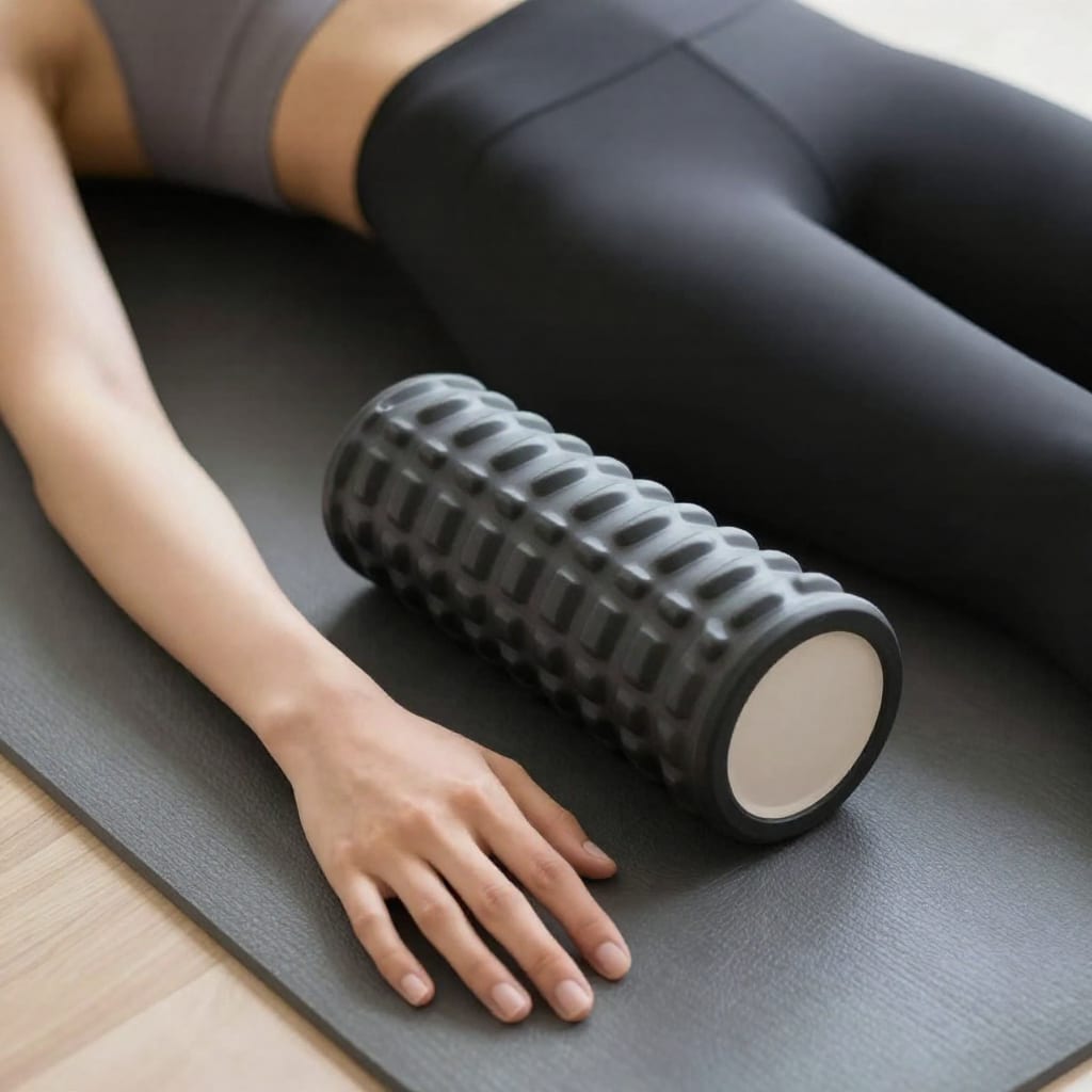 Person resting on yoga mat with foam roller beside them after workout