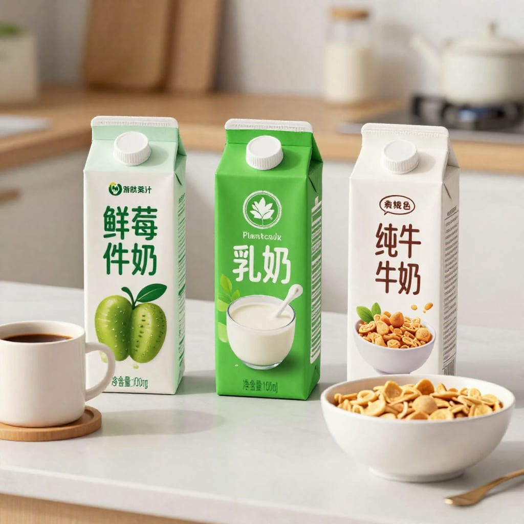 Three different plant milk cartons on a kitchen counter next to a coffee mug and a bowl of cereal