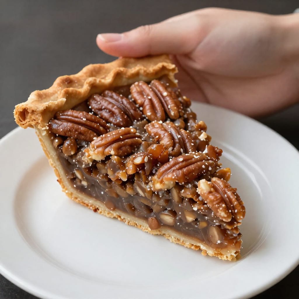 A close-up of a hand holding a single slice of pecan pie on a plate
