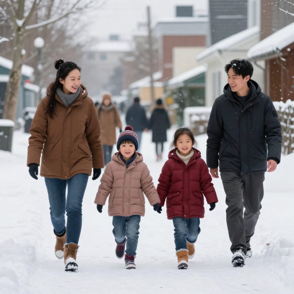 A family walking together on a snowy path after a holiday meal