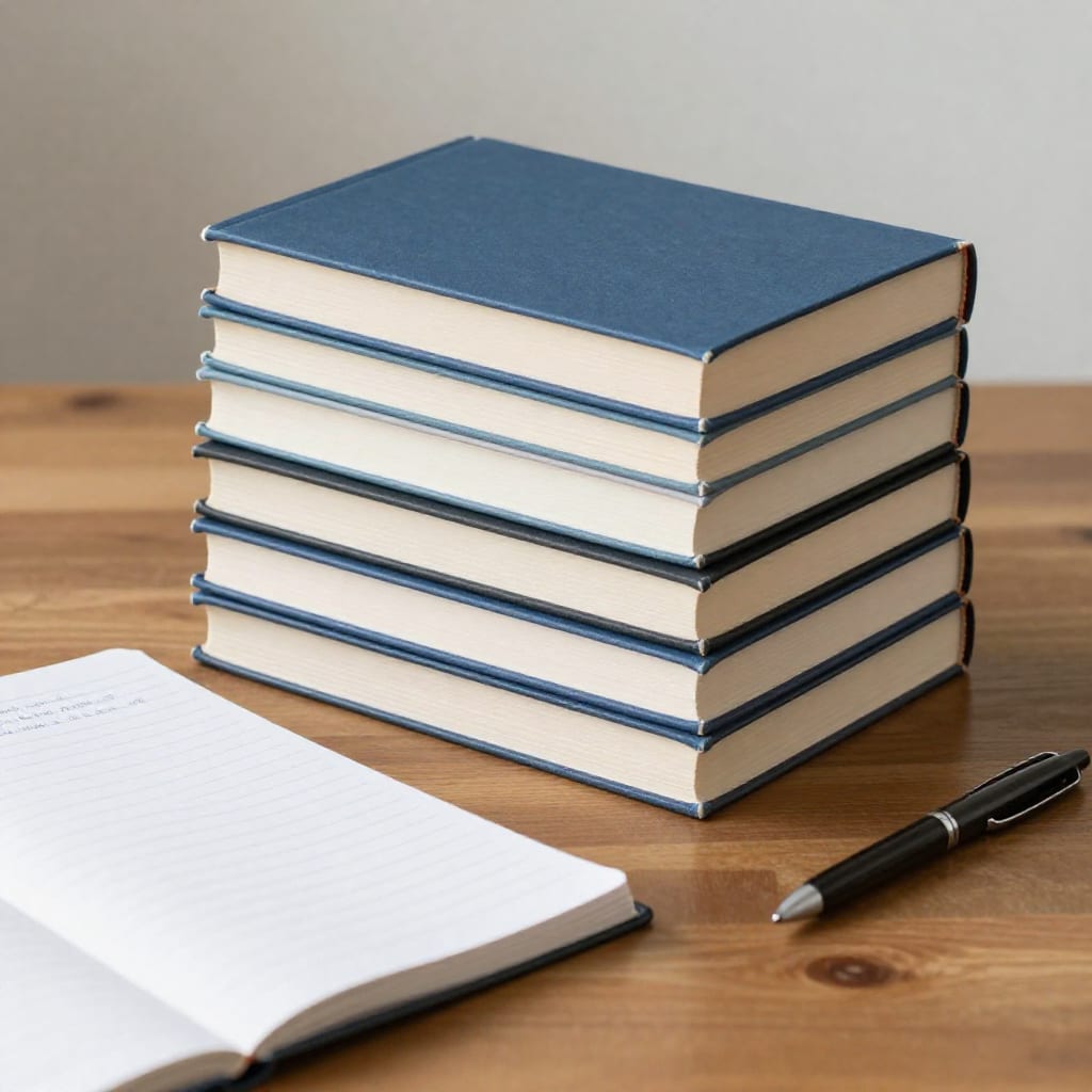 Stack of six burnout recovery books with journal and pen on table