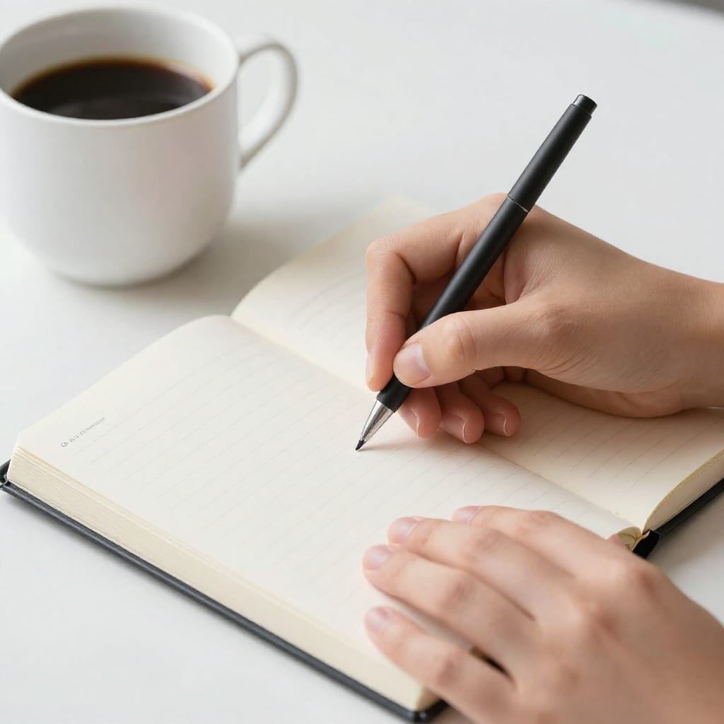Person journaling about burnout recovery with coffee and book