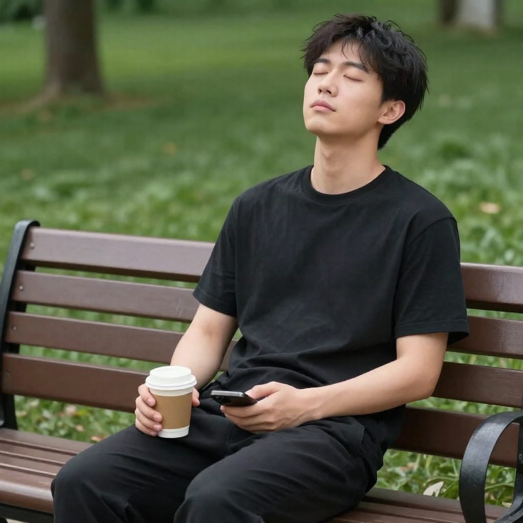 Person meditating outdoors on park bench with phone