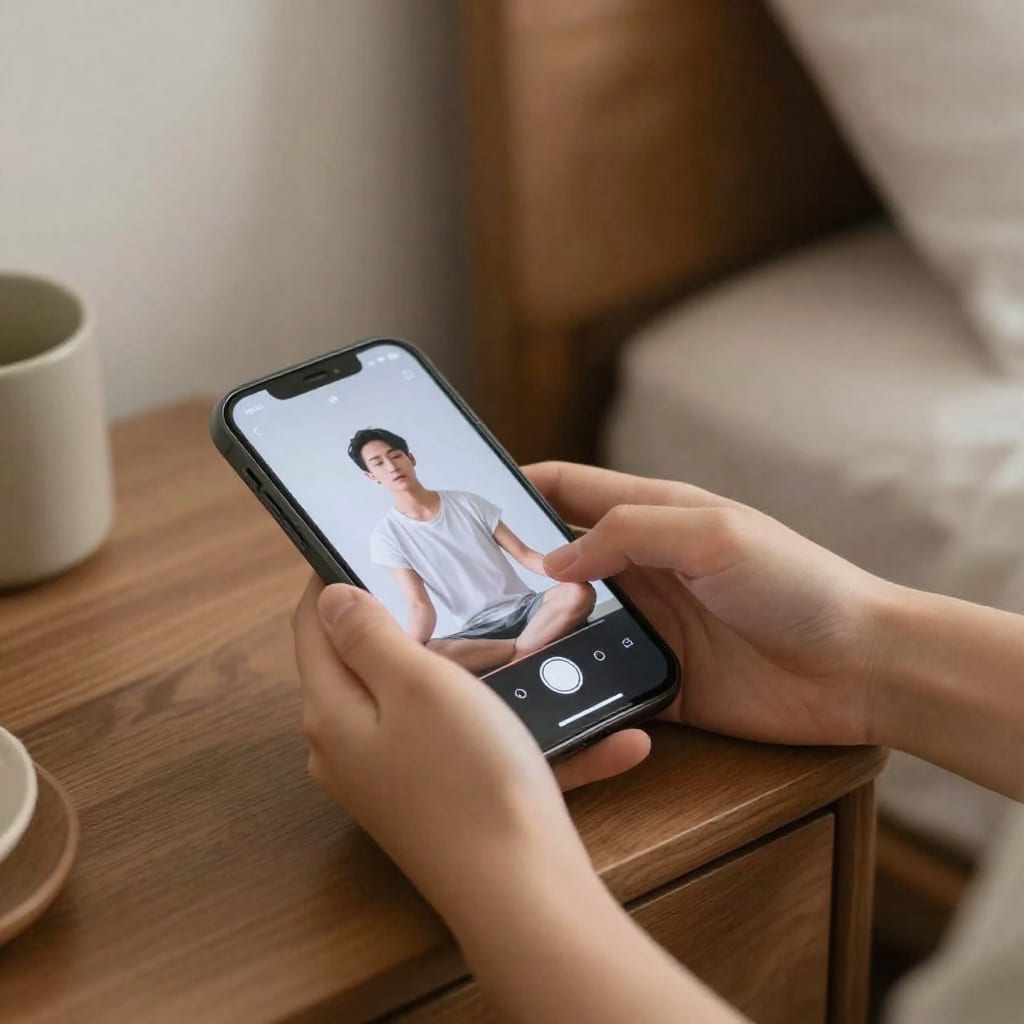 Cozy bedroom with phone playing meditation video on nightstand