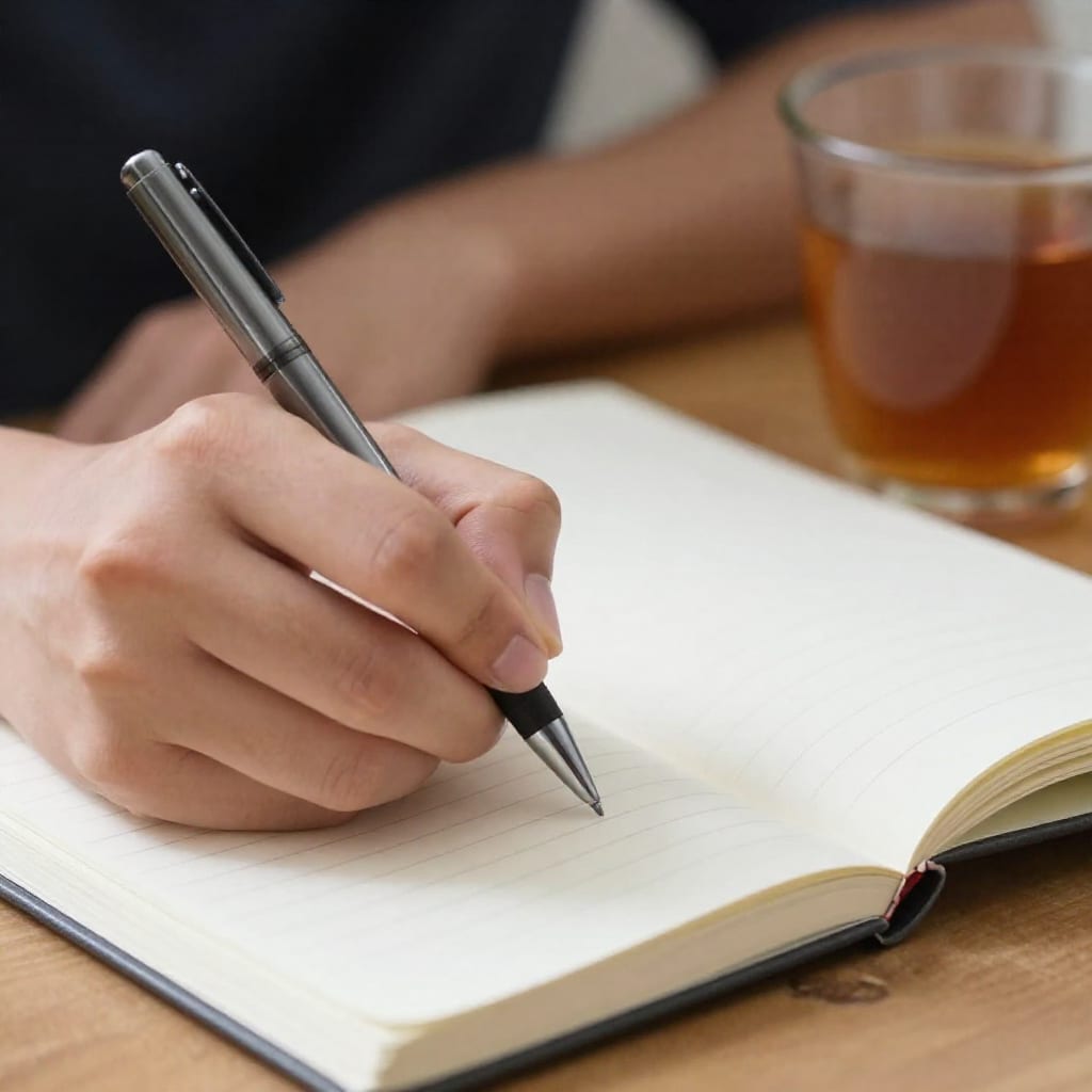 Close-up of hand writing in journal with pen, tea beside notebook