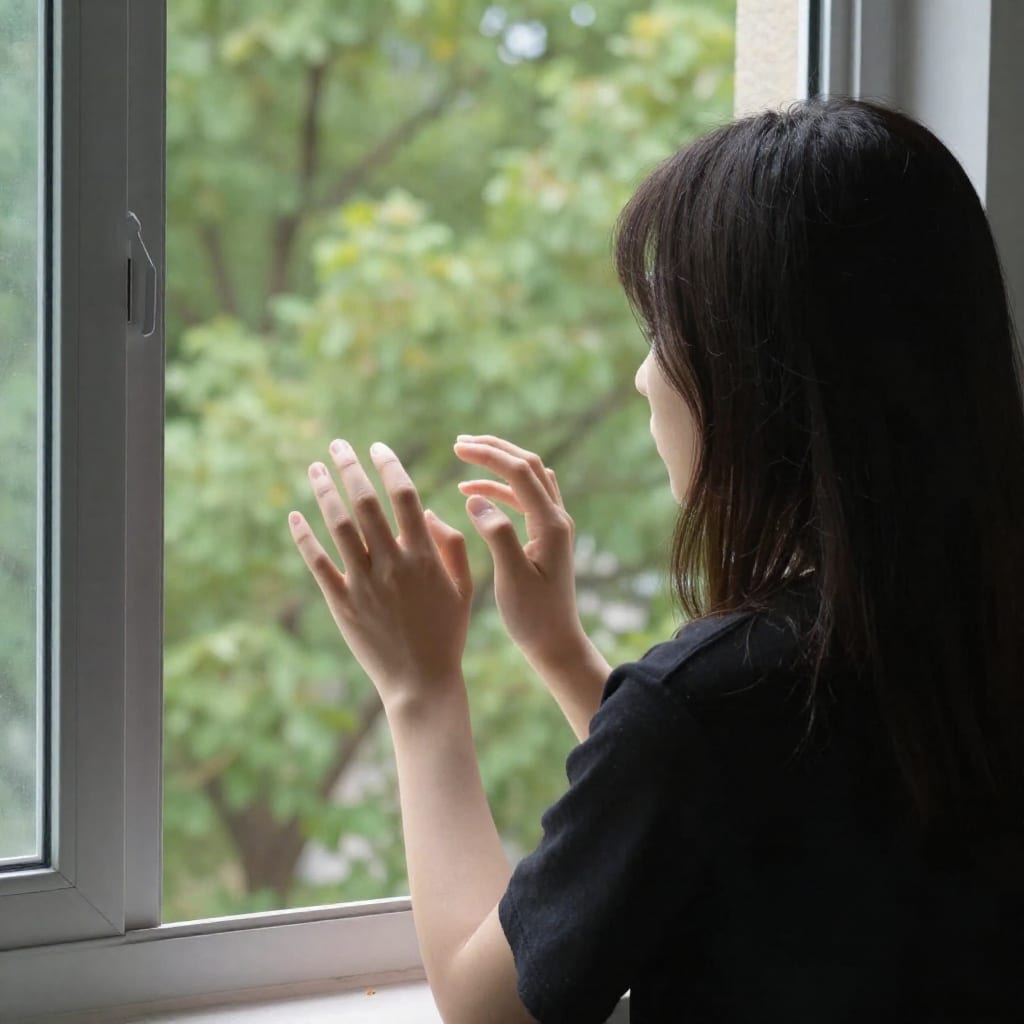 Person standing by window looking out at tree, light streaming