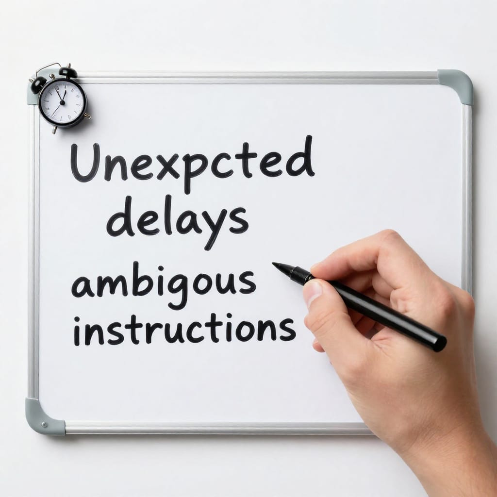 Hand writing unexpected delays and ambiguous instructions on a small whiteboard with a timer