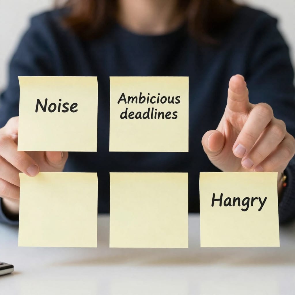 Desk with three sticky notes labeled Noise, Ambiguous deadlines, and Hangry with small actions written below