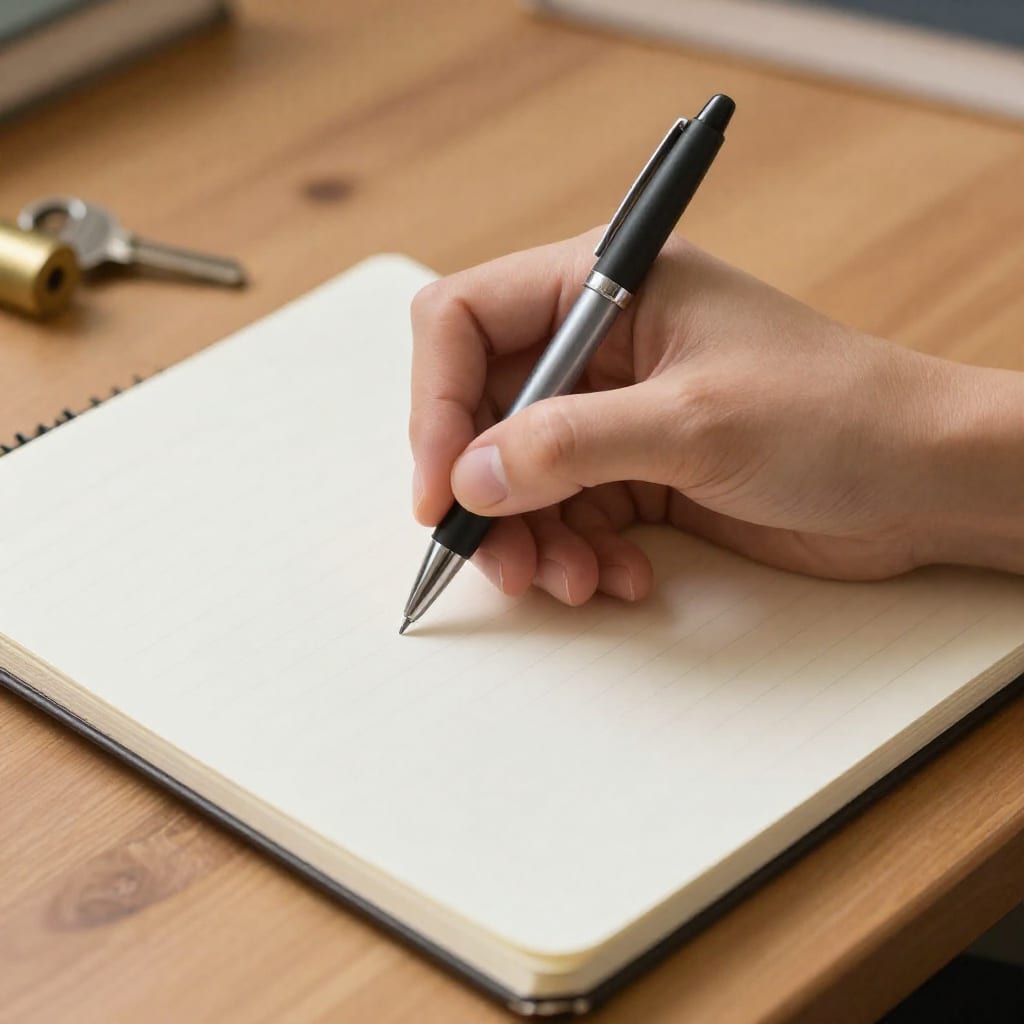 Hand holding a pen over a notebook with a lock and key on a wooden table