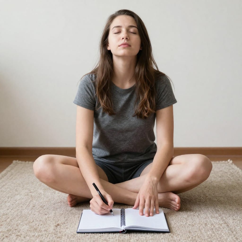 Person sitting cross-legged on a rug with eyes closed, breathing deeply, notebook and pen nearby