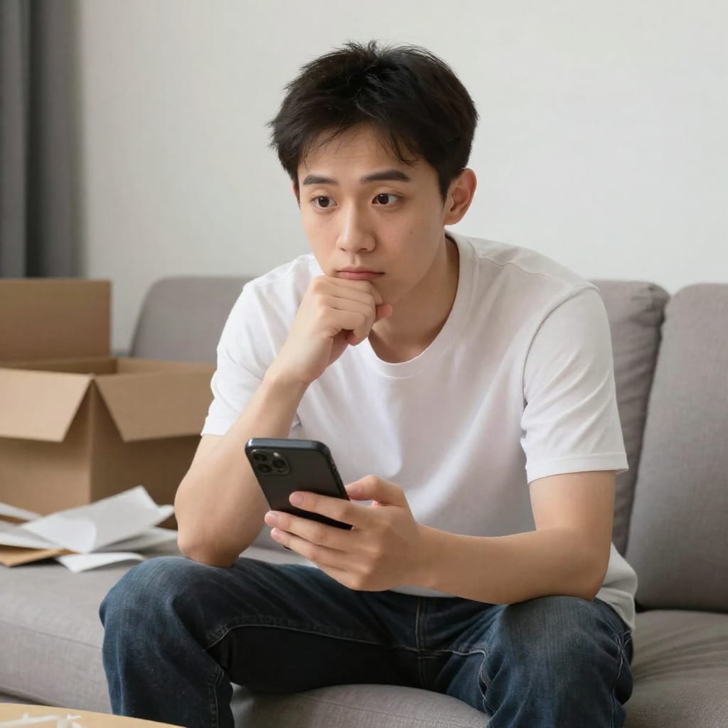 Person texting on phone while sitting in partially unpacked living room