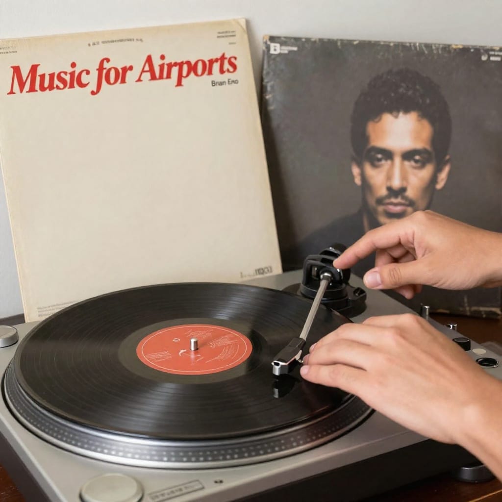 Vinyl record of Music for Airports on a turntable