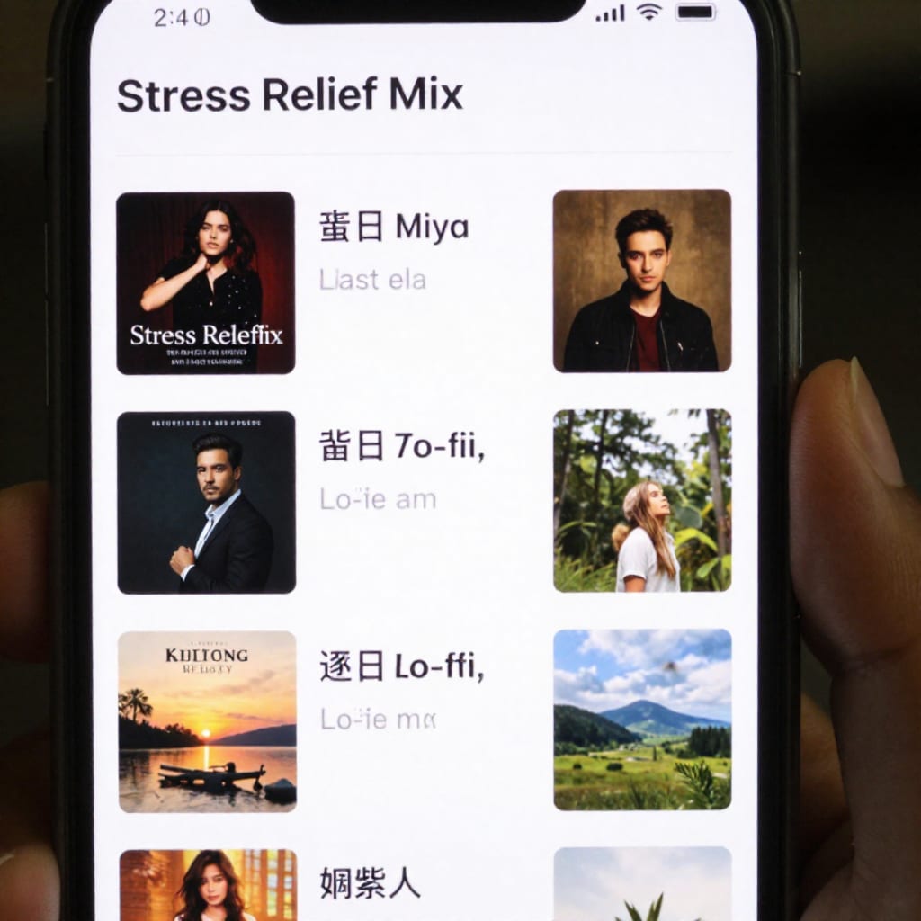 Smartphone displaying a stress relief music playlist