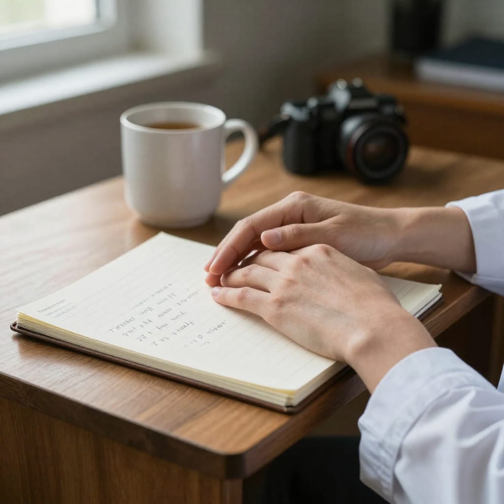 A close-up editorial photograph of a therapist's hands resting on a handwritten notepad beside a cup of tea in soft window