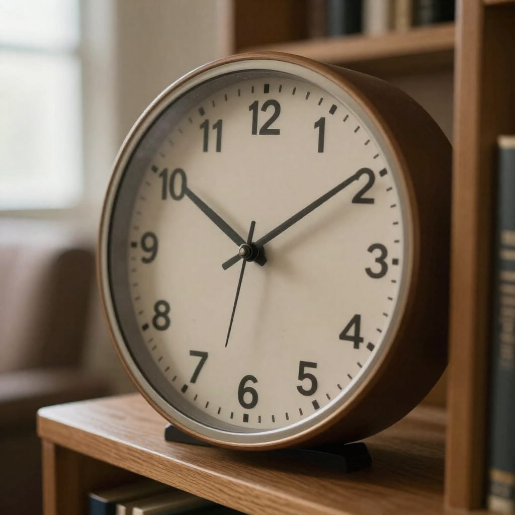 An analog clock on a wooden shelf shows a few minutes before the hour in a quiet, softly lit therapist's office