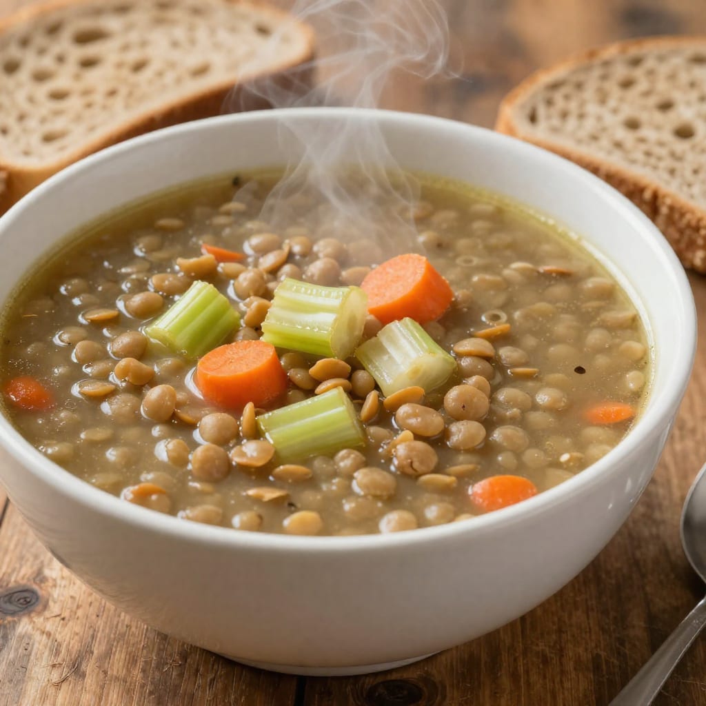 A bowl of lentil soup and whole-grain bread, a high-satiety budget meal