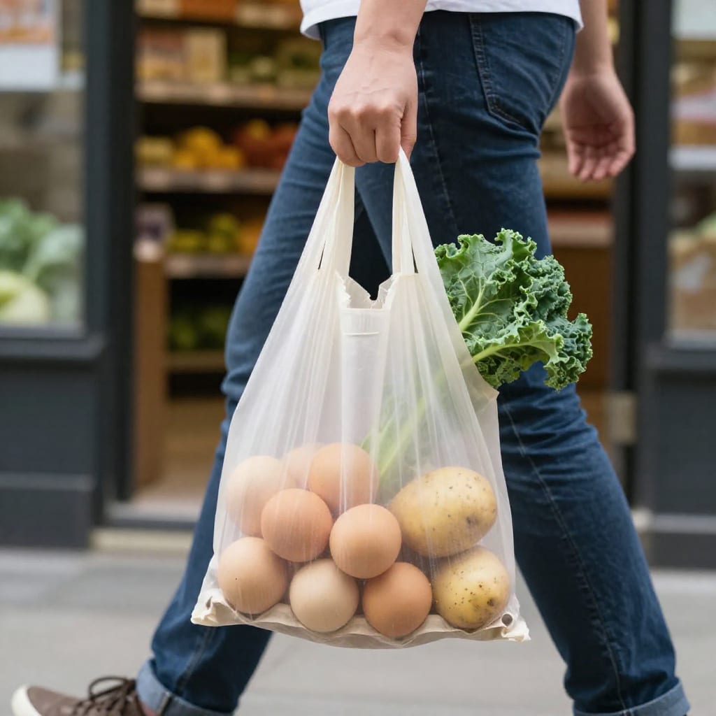 Shopper leaving grocery store with affordable high-satiety foods for weight loss in a reusable bag