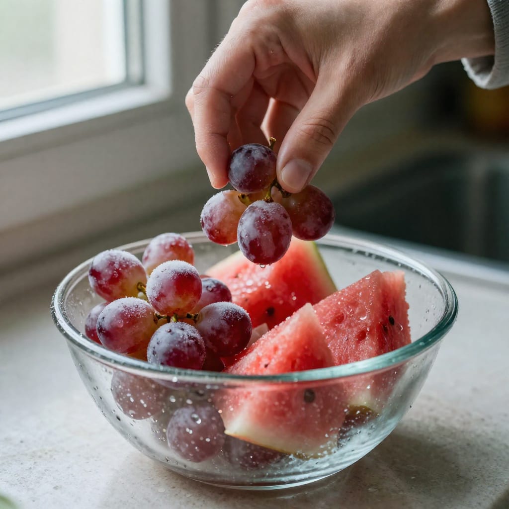 A close-up of a chilled glass bowl filled with frozen red grapes and watermelon cubes on a kitchen counter, with a hand