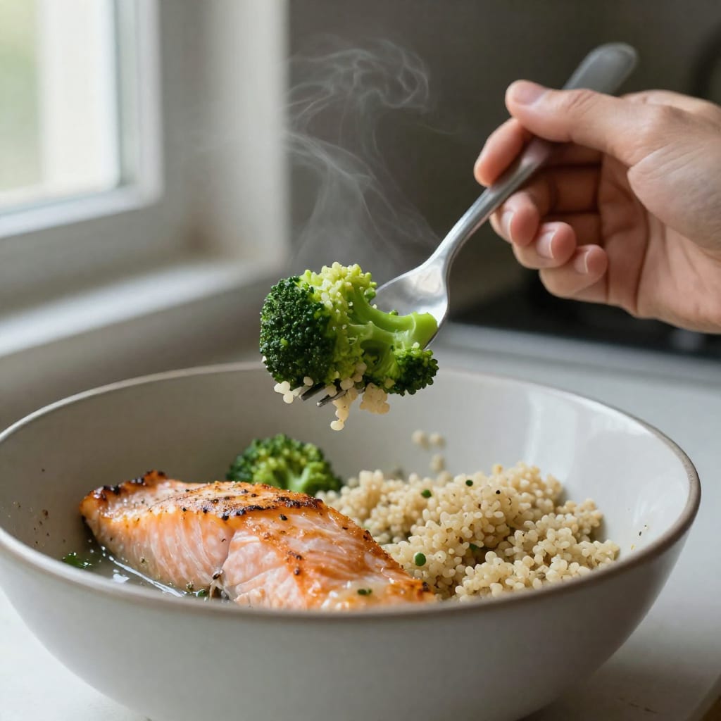 A hand lifts a forkful of steamed broccoli and quinoa from a half-eaten bowl of salmon and vegetables
